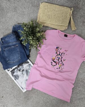 Дамска памучна розова тениска с къс ръкав Fleur Style