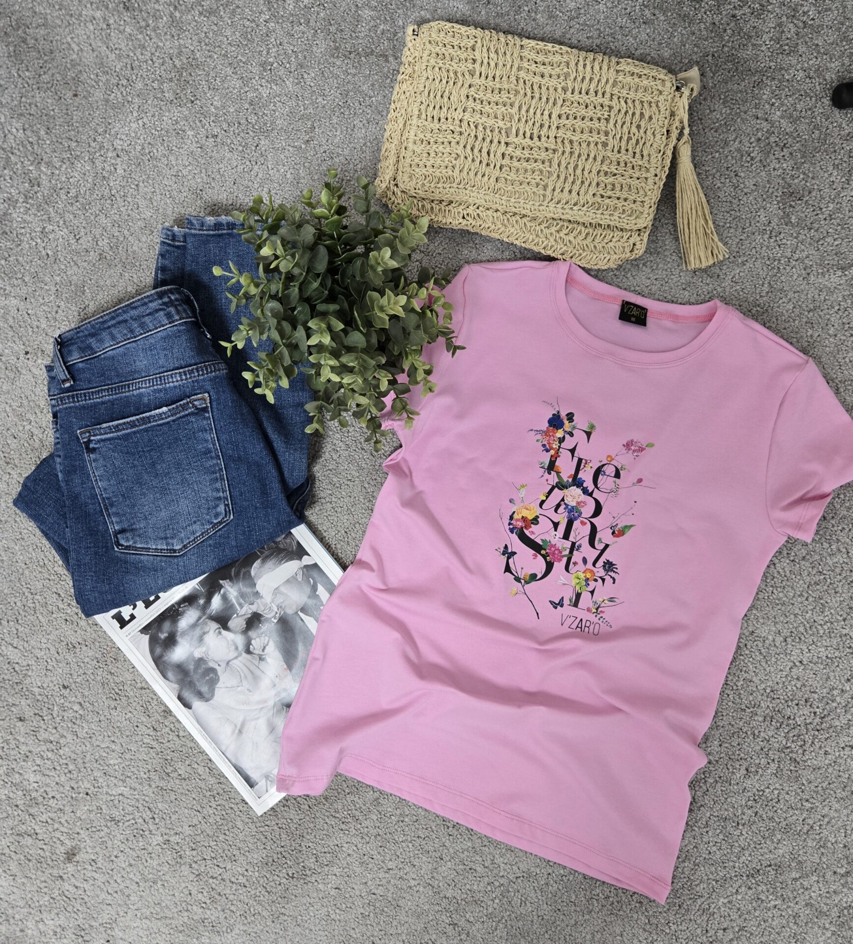 Дамска памучна розова тениска с къс ръкав Fleur Style