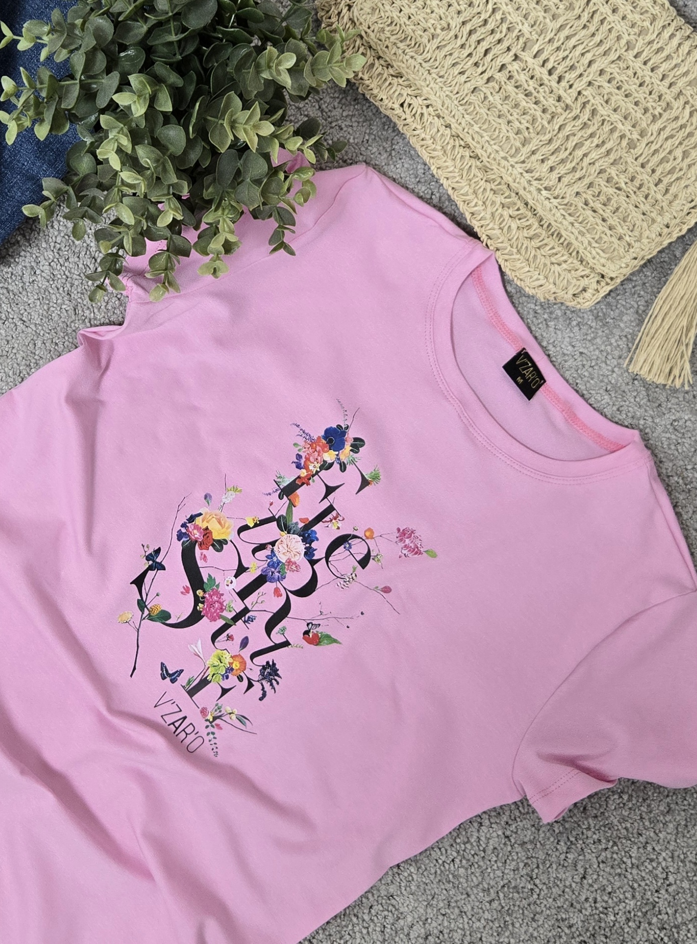 Дамска памучна розова тениска с къс ръкав Fleur Style