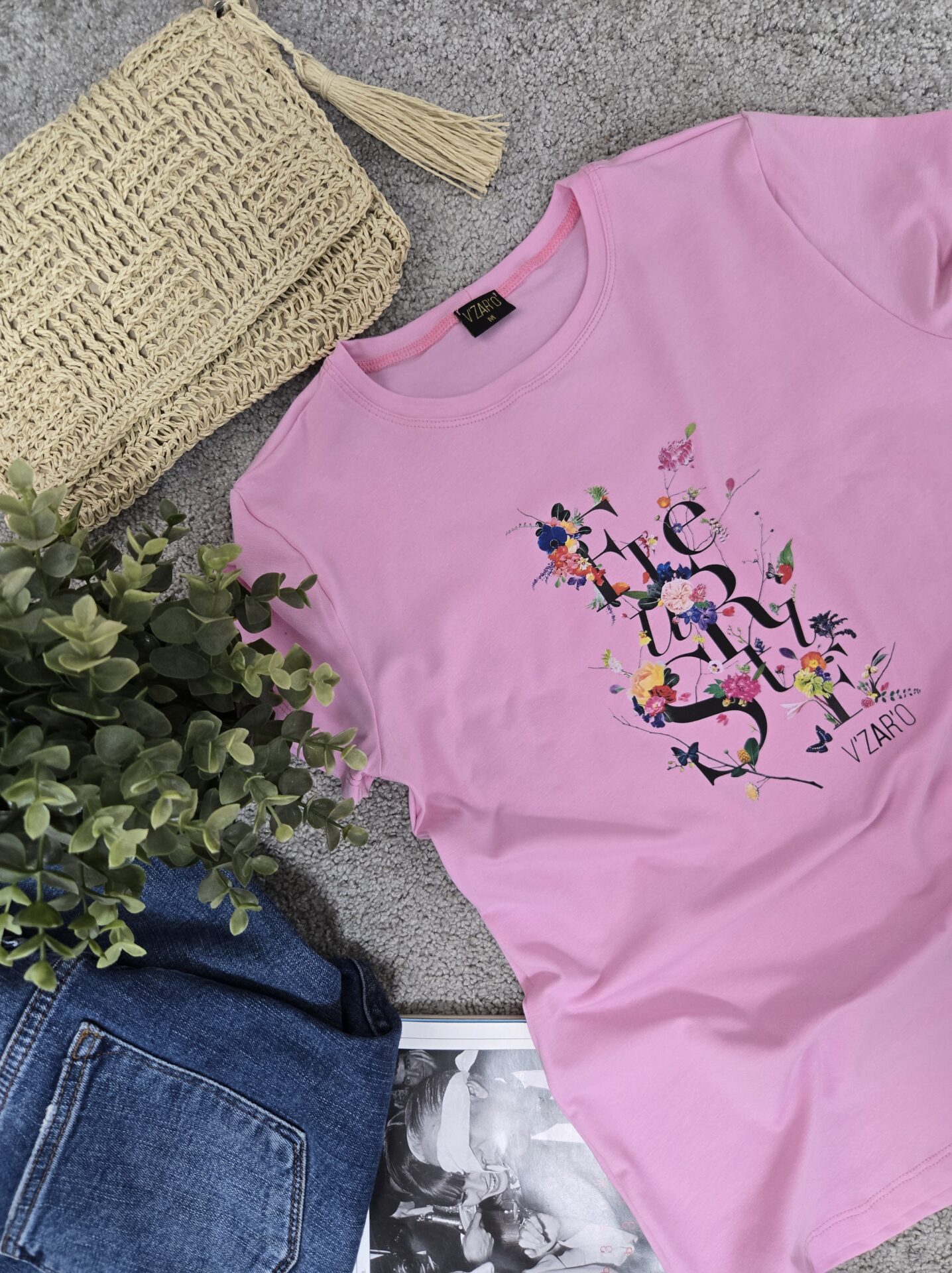 Дамска памучна розова тениска с къс ръкав Fleur Style - Image 2