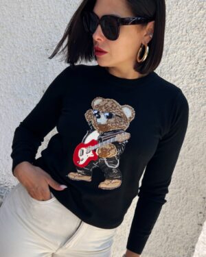 Дамски черен пуловер с мече Rock