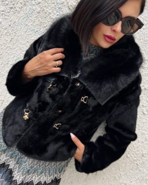 Дамско черно късо палто от изкуствен косъм Amber