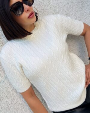 Дамски бял кашмирен пуловер с къс ръкав Coquette