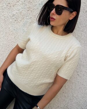 Дамски екрю кашмирен пуловер с къс ръкав Coquette