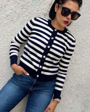 Дамска кашмирена жилетка в синьо-бяло райе Timena