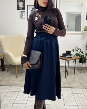 Дамска тъмно синя сатенена миди пола Crystal