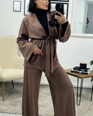 Дамски кафяв комплект от кимоно и панталон Karolina