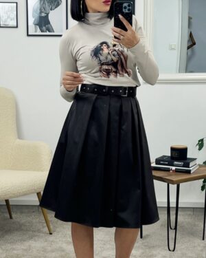 Дамска кафява сатенена миди пола с колан Helena